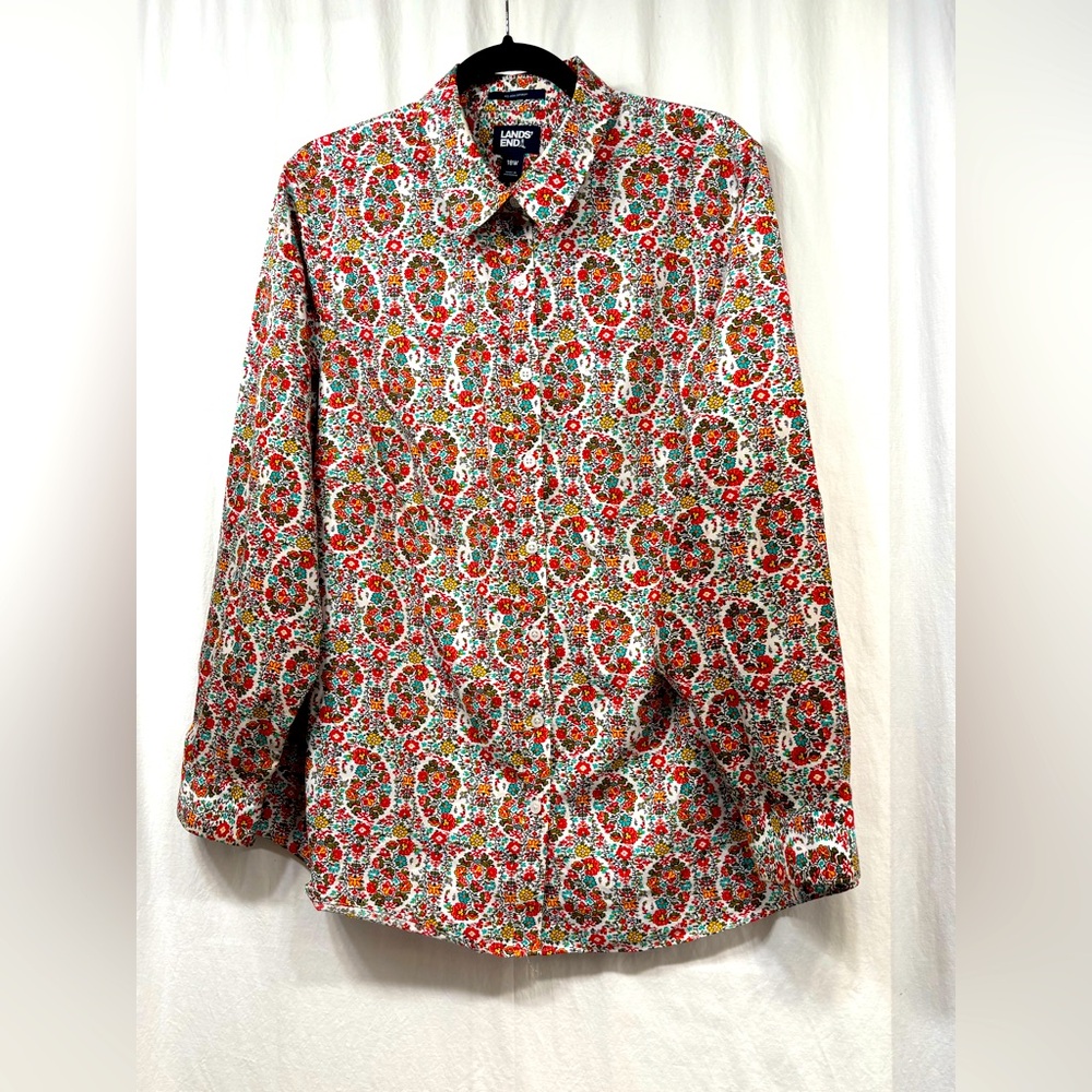 Lands End No Iron Supima Shirt Womens 18W Floral Button Up Long Sleeve Top